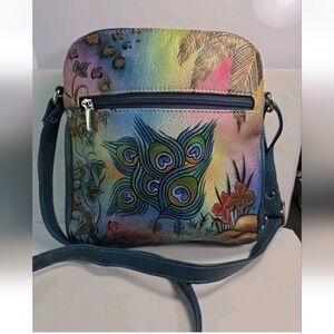 Biacci Handpainted Leather Floral Peacock Feathers Blue Purse Handbag Crossbody